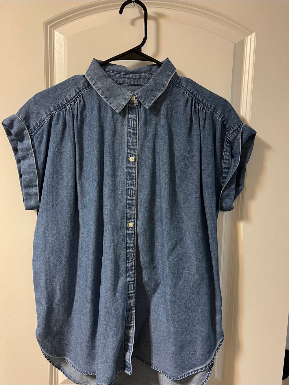 Loft Sz S Denim Button-Front Short-Sleeve Blouse - Blue